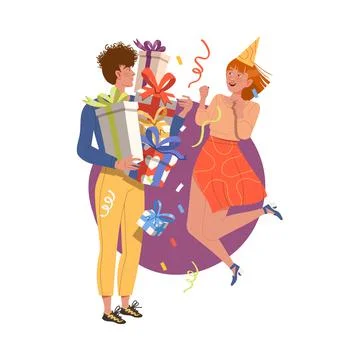 Man with Pile of Gift Boxes and Woman Jumping with Joy Celebrating Special Stock Illustration