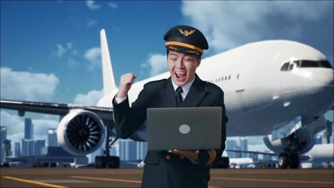 Man Pilot Looking At A Laptop Then Celebrating In Airfield With Airplane Stock Footage 267515239