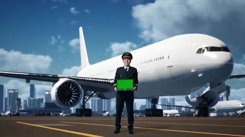 Man Pilot Showing Green Screen Laptop In Airfield With Airplane Stock Footage 267517390