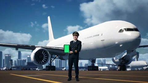 Man Pilot Showing Green Screen Tablet While Standing In Airfield With Airplane Stock Footage 267517506