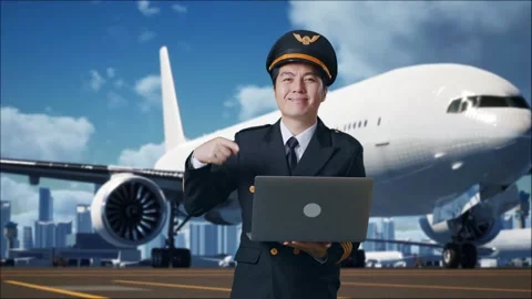 Man Pilot Smiling And Pointing To A Laptop In His Hand In Airfield Stock Footage 267515237