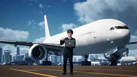 Man Pilot Smiling And Pointing To A Laptop In Airfield With Airplane Stock Footage 267517438