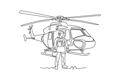 Man pilot standing in front of a rescue or ambulance helicopter Stock Illustration