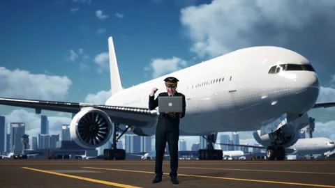 Man Pilot Use Laptop Then Celebrating In Airfield With Airplane Stock Footage 267517412