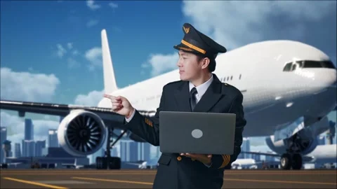 Man Pilot Using A Laptop And Pointing To Side In Airfield With Airplane Stock Footage 267515217