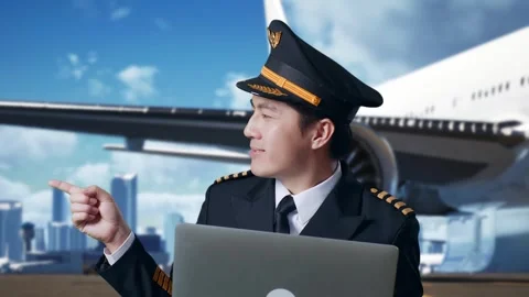 Man Pilot Using A Laptop And Pointing To Side In Airfield With Airplane Stock Footage 267516759