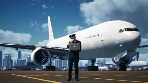Man Pilot Using A Laptop And Having A Headache In Airfield With Airplane Stock Footage 267517421