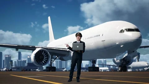 Man Pilot Using A Laptop And Pointing To Side In Airfield With Airplane Stock Footage 267517450