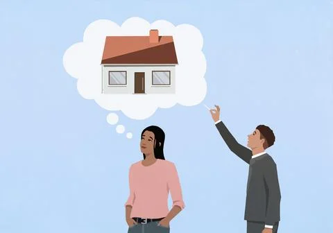 Man with pin standing behind oblivious woman daydreaming about home ownership Stock Illustration