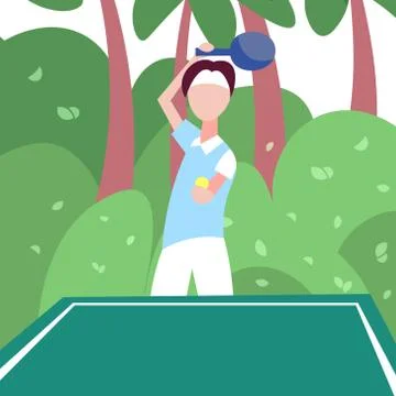 Man ping pong player hold racket palm landscape background male sport activity Stock Illustration