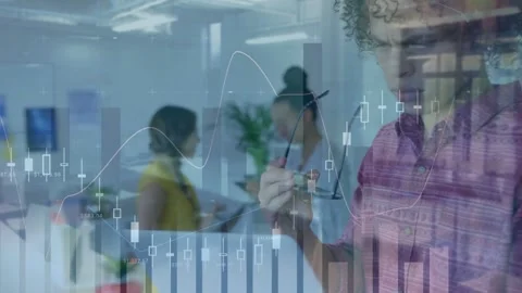 Man in pink shirt checking phone holding glasses while financial charts Stock Footage 334312660