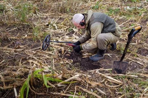 A man with a pinpointer in his hand is looking for a find in the ground. Next Stock Photos