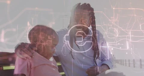 Man placing arm around child, soothing, talking while tech overlay glowing logo Stock Footage 330209593