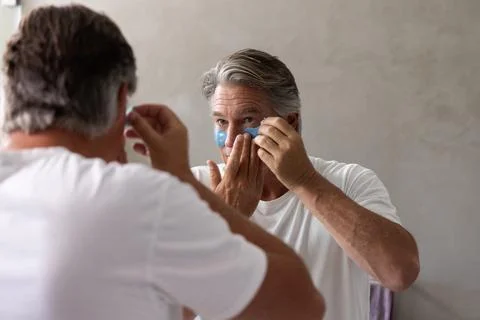 Man placing blue under-eye gel patches while looking into bathroom mirror Stock Photos