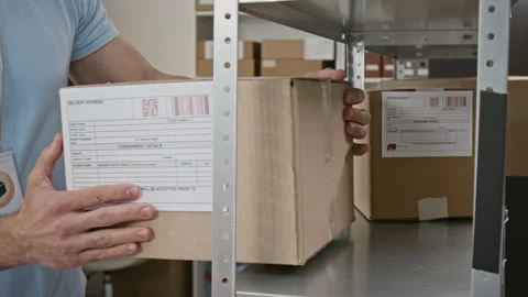 Man Placing Cardboard Box on Shelf in Fulfillment Warehouse Stock Footage 346058913