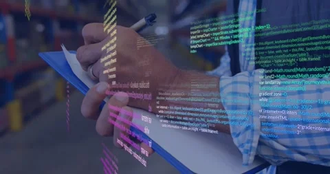 Man placing clipboard and writing inventory notes while holographic code stream Stock Footage 329115121