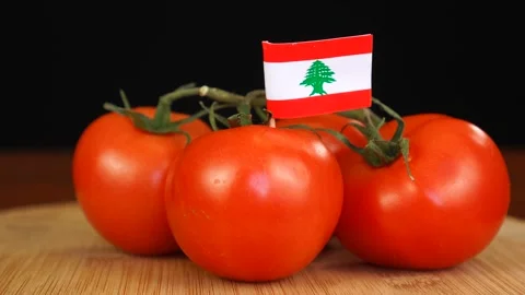 Man placing decorative toothpick with flag of Lebanon into bunch of tomatoes. Stock Footage 152796415