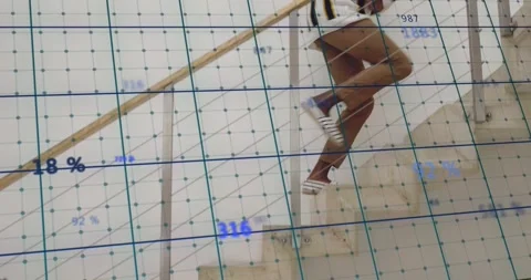 Man placing first foot and climbing toward upper level, data grid and blue Stock Footage 329115400