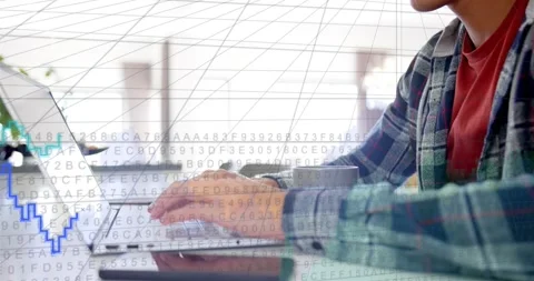 Man placing hands and typing on laptop, initiating code overlay and animating Stock Footage 332401680