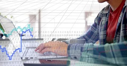 Man placing hands and typing on laptop, initiating code overlay and animating Stockfoto's