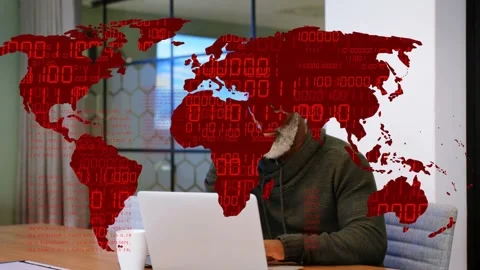 Man placing hands on keyboard, typing and analyzing tech, red binary map Stock Footage 333233796