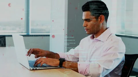 Man placing hands on laptop and coding near window, glancing, smiling, code Stock Footage 335282072