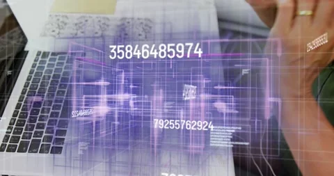 Man placing hands on laptop keyboard and typing, activating holographic numeric Stock Footage 321550021