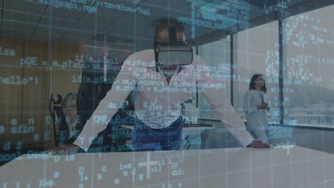 Man placing hands on table activating VR code grid detecting malware while Stock Footage 314687219