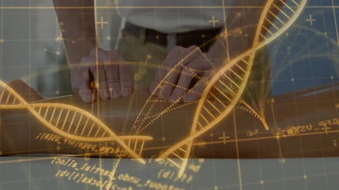 Man placing hands on tabletop activating gold DNA helix with cascading code Stock Footage 313294529