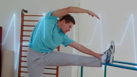 Man placing right leg on blue bar, stretching hamstring in rehab, neon heart Stock Footage 330144132