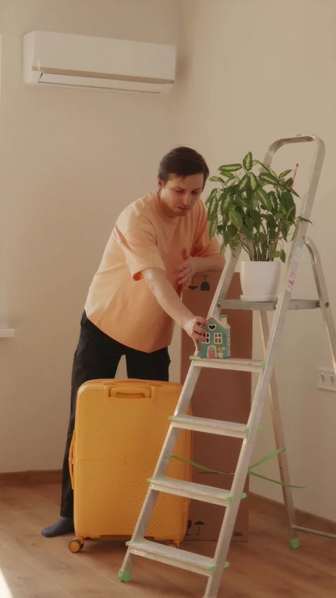 Man placing small ceramic house model near green plant Stock Footage 346396407
