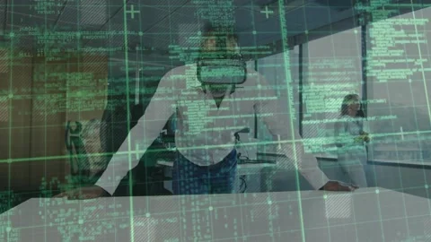 Man placing VR headset, scanning virtual data grid and guiding tech demo while Stock Footage 330587820