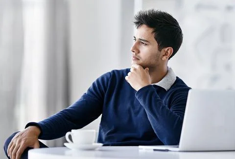 Man, plan and thinking in office, problem solving and banker employee for Stock Photos