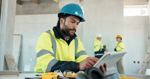 Man, planning and construction worker with tablet on site with research for Stock Footage 343549742