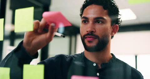 Man, planning and schedule with sticky note in office for project tasks or Stock Footage 336241173