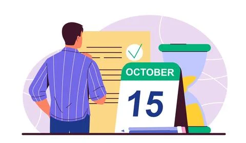 Man planning concept. Young guy stands near sheet of goals and calendar. Time Stock Illustration