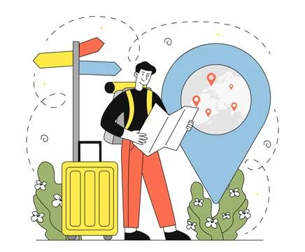 Man planning trip. Young guy with map in hands. Travel, holiday and vacation Illustrazione stock
