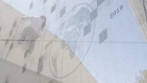 Man planting foot, vaulting down concrete ledge to reach ground, tech timeline Stock Footage 333837985