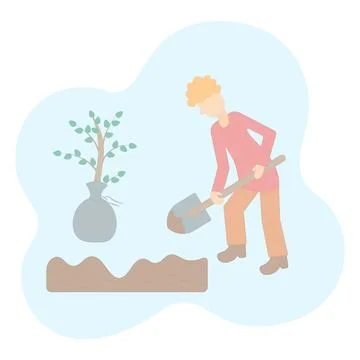 A man plants a tree. Digging the ground with a shovel. A bush for planting. Stock Illustration