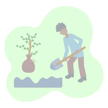 A man plants a tree Digging the ground with a shovel Young bush for planting. Illustrazione stock