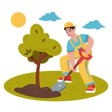 Man Plants A Tree. Gardening concept Stock Illustration