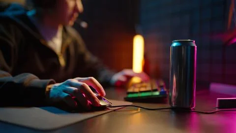 Man play computer late night with energy drink close up. Mouse and keyboard. Stock Photos