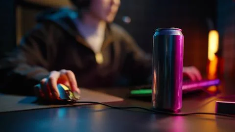 Man play computer late night with energy drink close up. Mouse and keyboard. Stock Photos