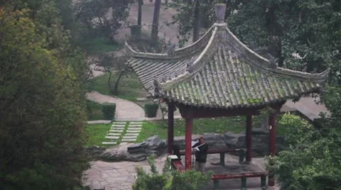 Man  play the flute in a pavilion Stock Footage 10598004