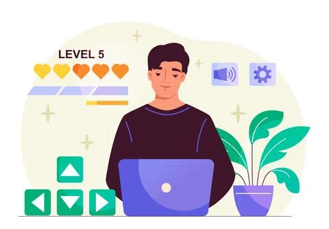 Man play games. Young guy with laptop playing video games. Gamer and esportsman Stock Illustration