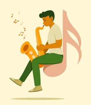 Man Play Saxophone while Sit on the Big Musical Note Symbol Stock Illustration