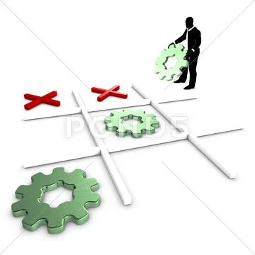 A man playing and winning tic tac toe with gears Stock Illustration