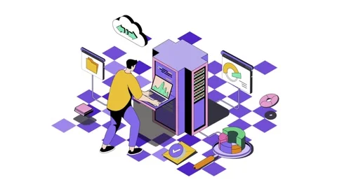 Man playing arcade game in a retro-futuristic setting, surrounded by digita.. Stock Footage 318345898