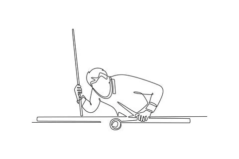 Man playing billiards in low, focused stance, aiming shot on pool table Stock Illustration