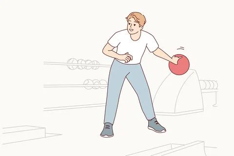 Man playing bowling swings hand to make great throw and knock down all pins Stock Illustration